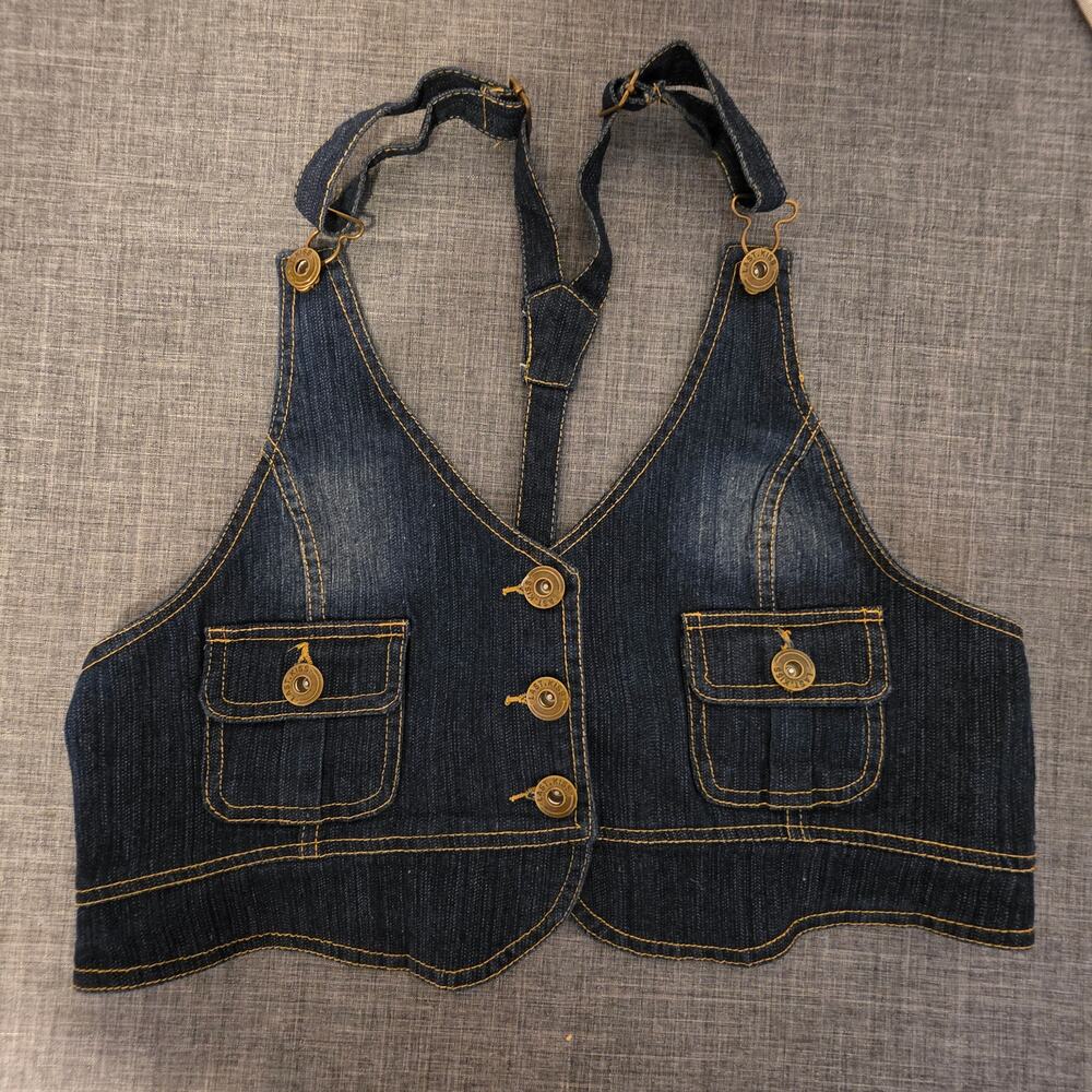 Last Kiss Denim Halter button up Vest Dark Blue Jean Waistcoat open back LG